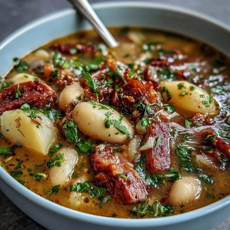 Délicieuse soupe rustique mijotée avec des haricots blancs tendres, des pommes de terre fondantes et des morceaux de jambon fumé savoureux.