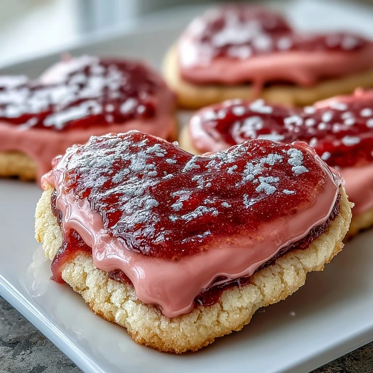 Des cookies tendres et beurrés aux formes romantiques nappés d'un glaçage naturel à la fraise, idéaux pour partager.