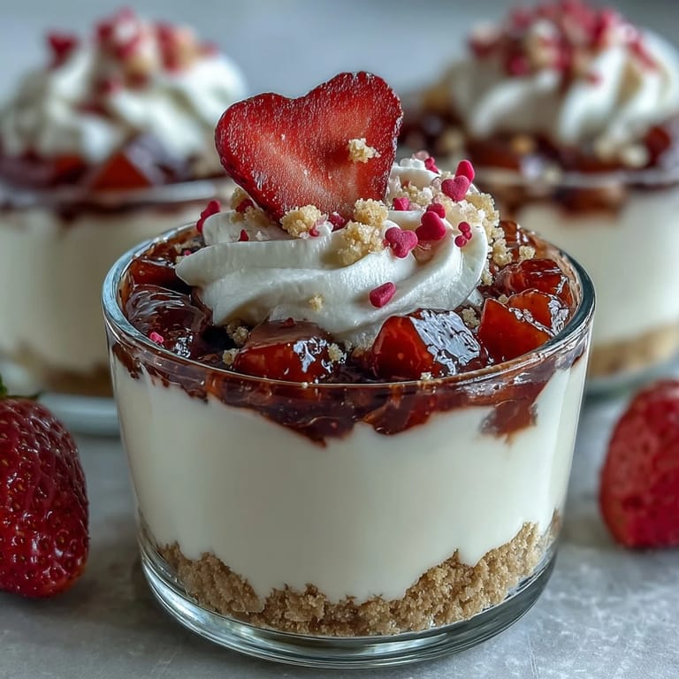 Dessert romantique en verrines : cheesecake onctueux, fraises juteuses et croûte de biscuits Graham.