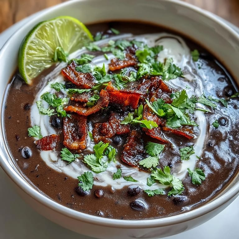 Creamy black bean soup topped with smoky bacon and zesty lime crema, served in a rustic bowl.