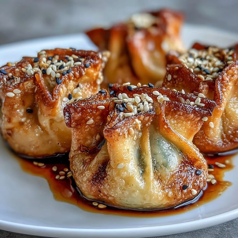 Dumplings de poulet croustillants à la friteuse sans huile, dorés et servis avec sauce soja sésame  