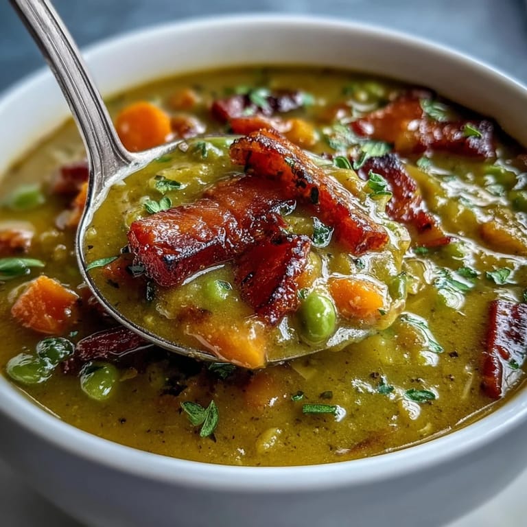 Soupe épaisse et nourrissante de pois cassés verts, de jambon savoureux et de carottes douces, parfaite pour les soirées fraîches.