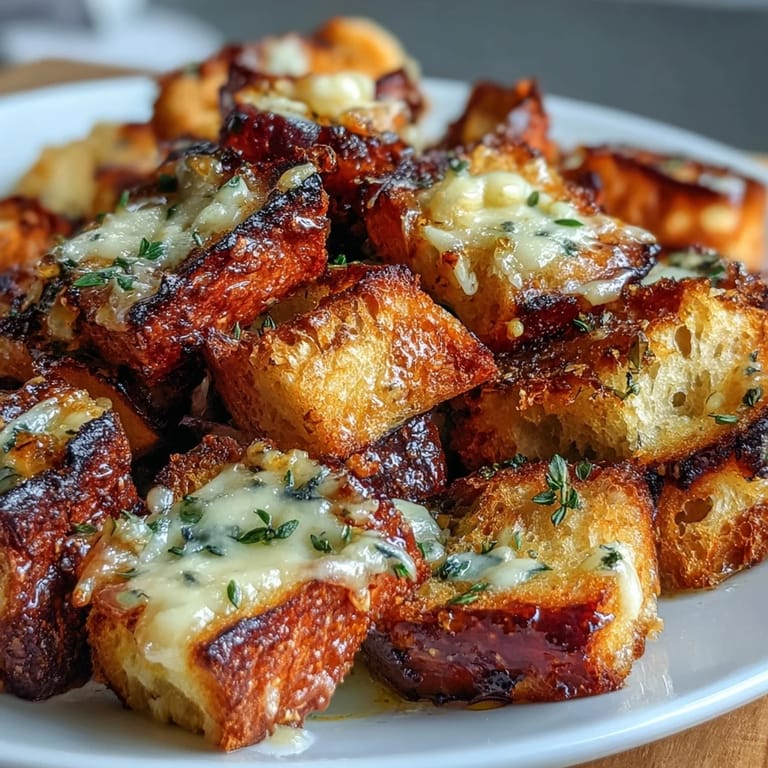Croûtons au levain maison, parfumés à l'ail et au thym, idéaux pour accompagner une soupe à l'oignon.