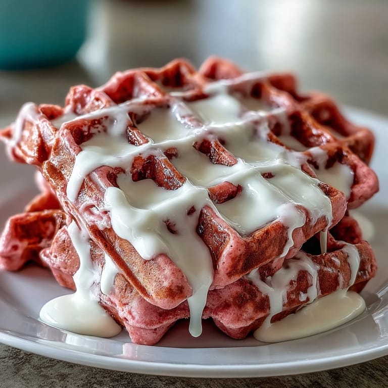 Waffles roses veloutées avec une touche de cacao et une sauce crémeuse au fromage.