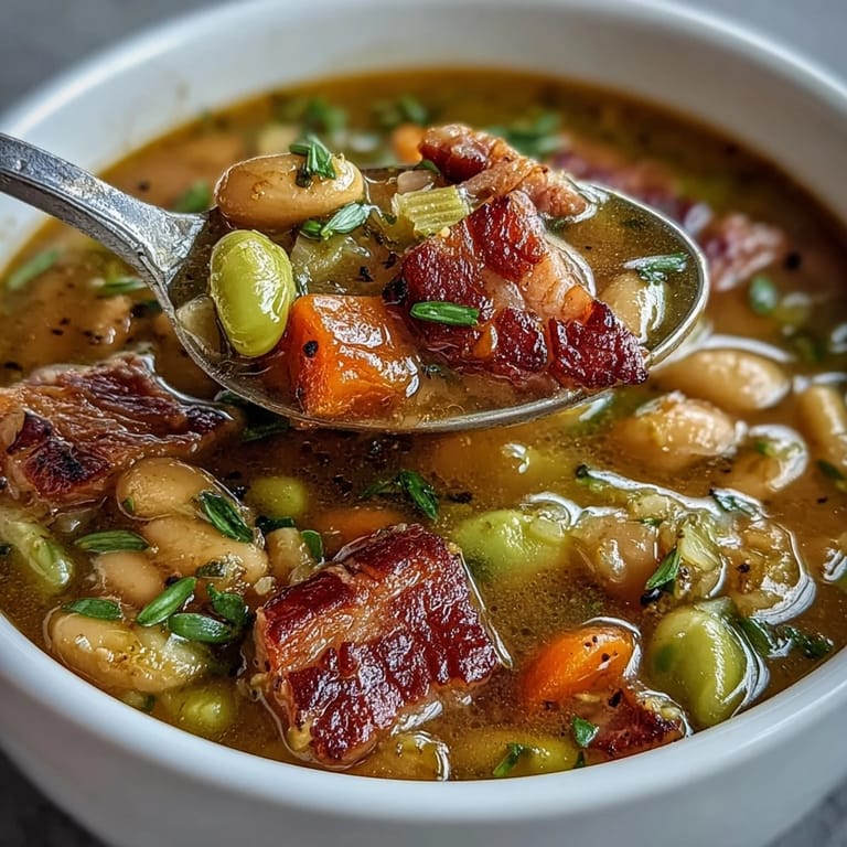 Bol de soupe au jambon et fèves lima avec légumes tendres, parfait pour les journées fraîches.
