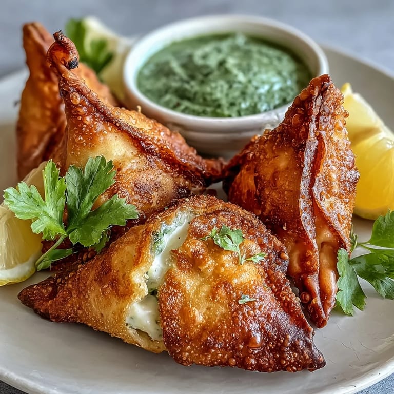 1. Samosas dorés croustillants fourrés de légumes épicés et accompagnés de chutney à la menthe fraîche, cuits à l'air fryer.