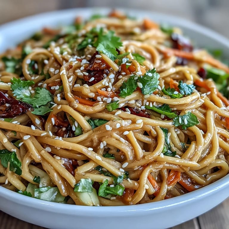 Bol de salade de nouilles soba avec sauce aux arachides, parsemé de graines de sésame et d'arachides grillées pour une texture croquante.