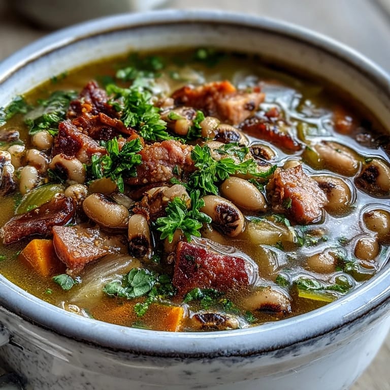 Potage réconfortant aux pois chiches et jambon, mijoté lentement pour une texture crémeuse et un goût riche et fumé.  