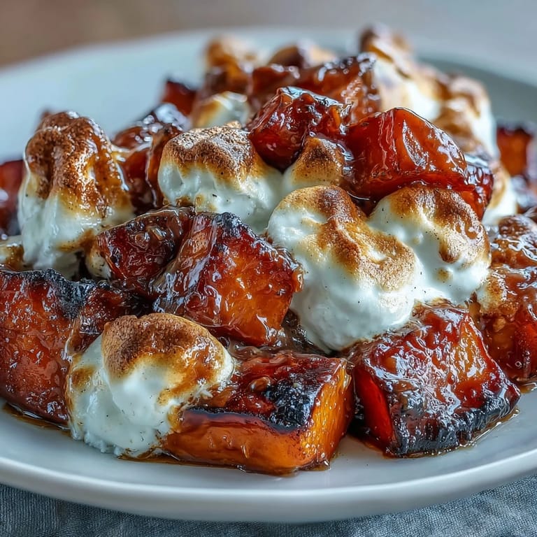 Patates douces cuites au four dans un glaçage au sucre brun et à la vanille, garnies de guimauves grillées et dorées.