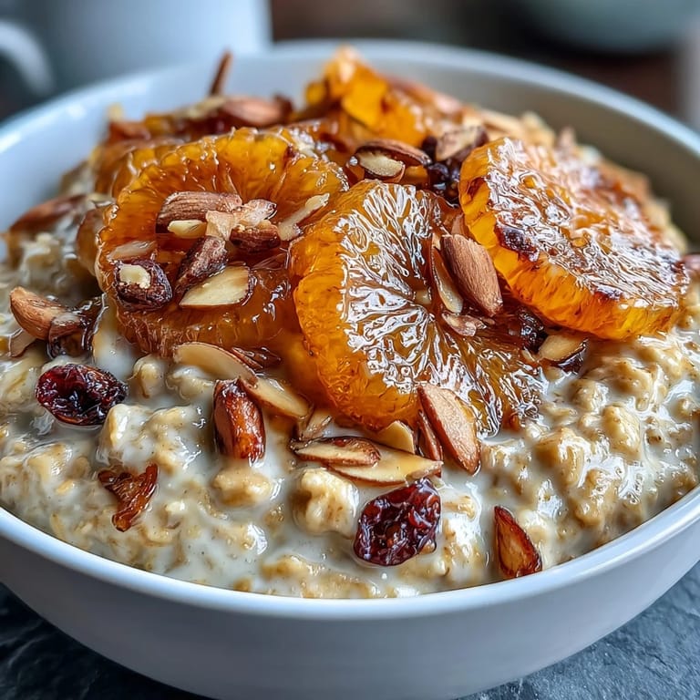 Flocons d'avoine nourrissants surmontés d'oranges confites aromatiques, de canneberges moelleuses et d'amandes grillées pour un brunch réconfortant.