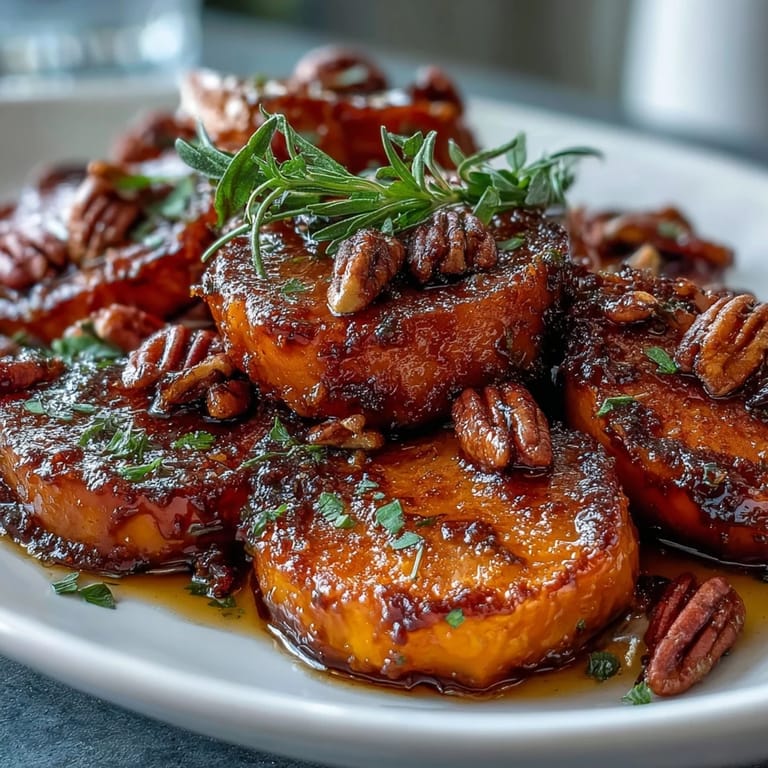 Des rondelles d'igname caramélisées au four, recouvertes d'un mélange sucré à la cannelle et parsemées de pacanes grillées pour un contraste de textures.