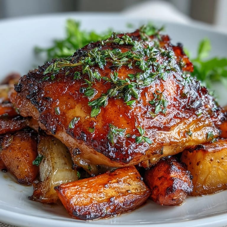 Poulet rôti doré et croustillant sur un lit de carottes, panais et pommes de terre, parfumé à l'orange et aux herbes fraîches.