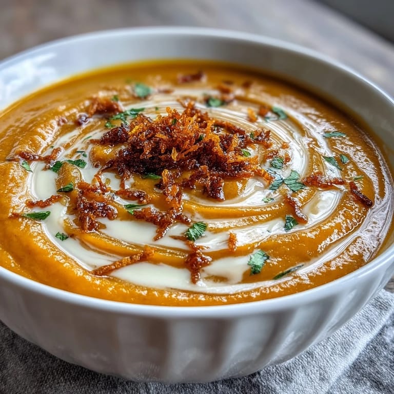 Vue rapprochée d'une cuillère soulevant une soupe veloutée de carottes et oranges, avec un filet de lait de coco et des épices parfumées.