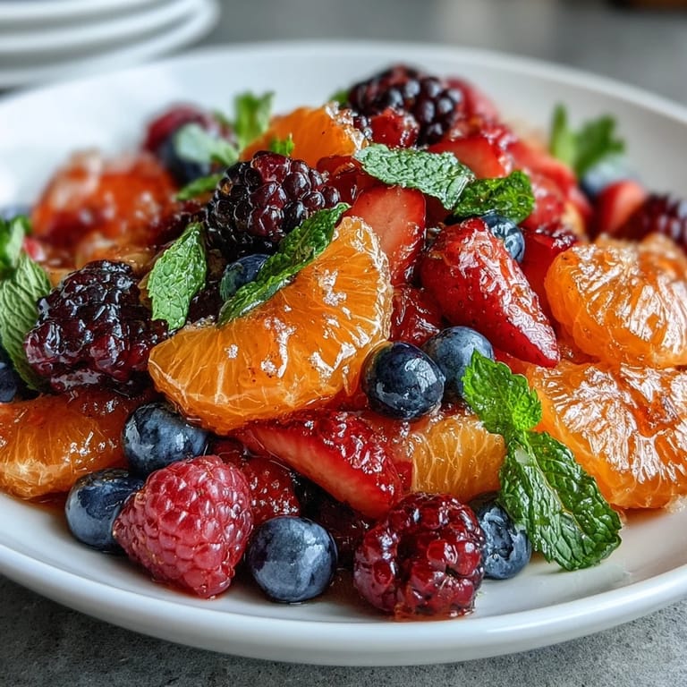 Bol de salade de fruits printanière aux agrumes et aux baies, idéal pour un brunch rafraîchissant ou un dessert léger.