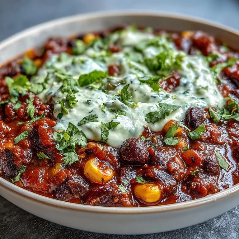 Bol fumant de chili aux haricots noirs et maïs, relevé de jalapeño et couronné d'une crème aigre-douce à la lime.  