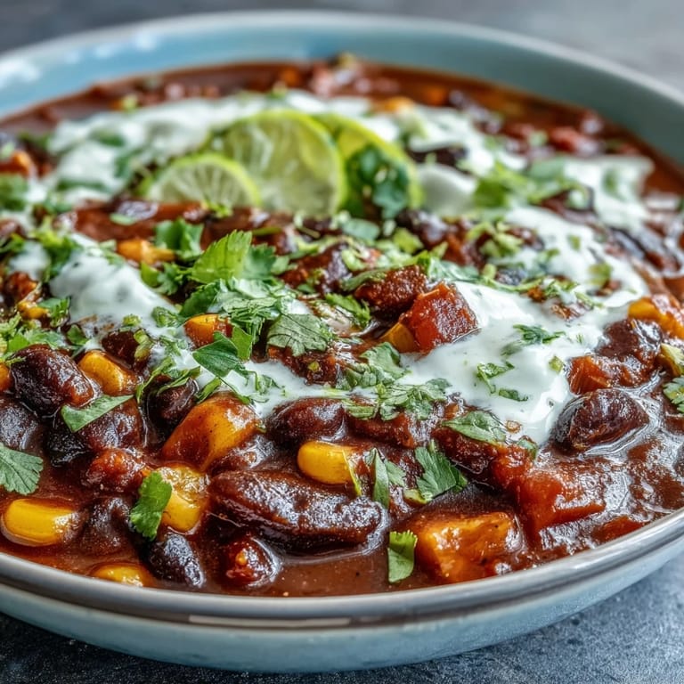 Chili tex-mex riche et parfumé aux haricots noirs, poivrons rouges et maïs, servi avec une cuillère de crème à la lime.