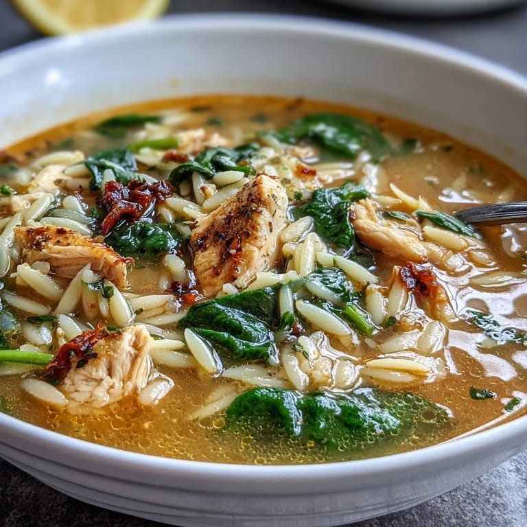 Soupe au poulet et orzo avec épinards, servie dans un bol profond, parsemée de persil et accompagnée de quartiers de citron.