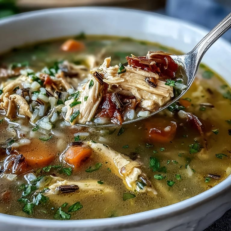 Bol fumant de soupe au poulet et riz sauvage avec carottes, légumes et herbes aromatiques.
