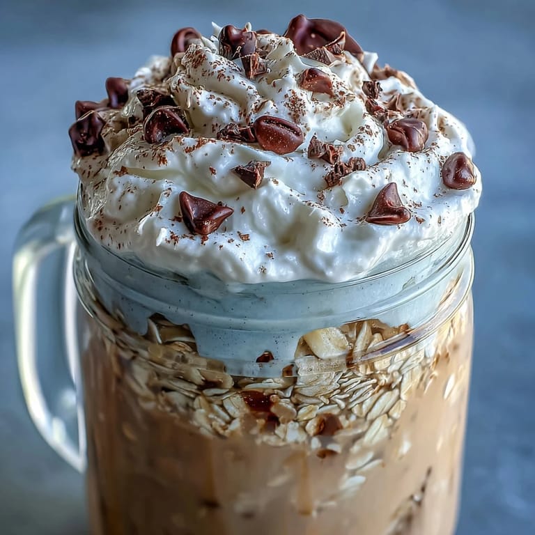 Pot de flocons d'avoine au café et à la vanille, parsemé de nibs de cacao et d'une légère poudre d'espresso.  