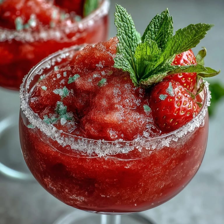 Mocktail daiquiri aux fraises congelées avec un bord sucré au citron vert, sans alcool et festif.