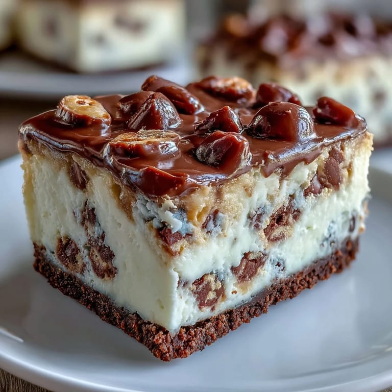 Barres de cheesecake décadentes avec tourbillon de beurre de cacahuète et morceaux de peanut butter cups, idéales pour impressionner vos invités.
