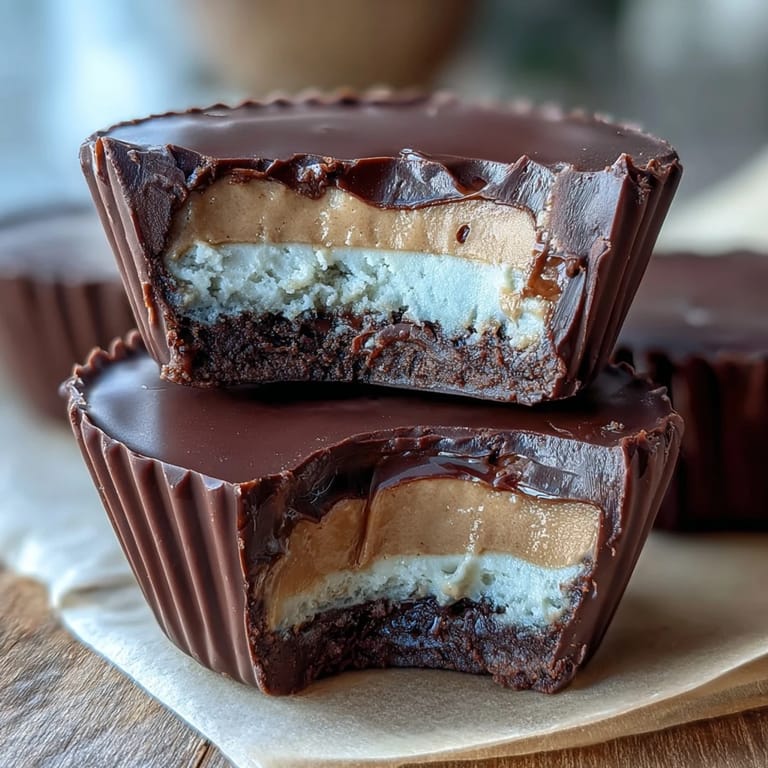Délicieuses tasses de beurre de cacahuète et chocolat avec un cœur crémeux au yaourt grec riche en protéines.