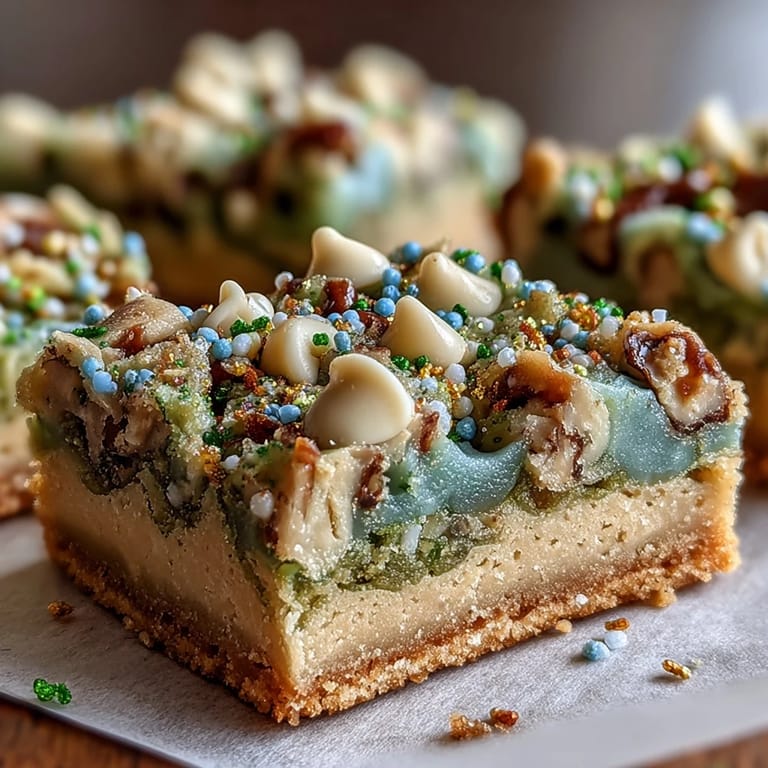 Barres de biscuits festives de la Saint-Patrick avec des couches de pépites de chocolat blanc et de vermicelles arc-en-ciel.
