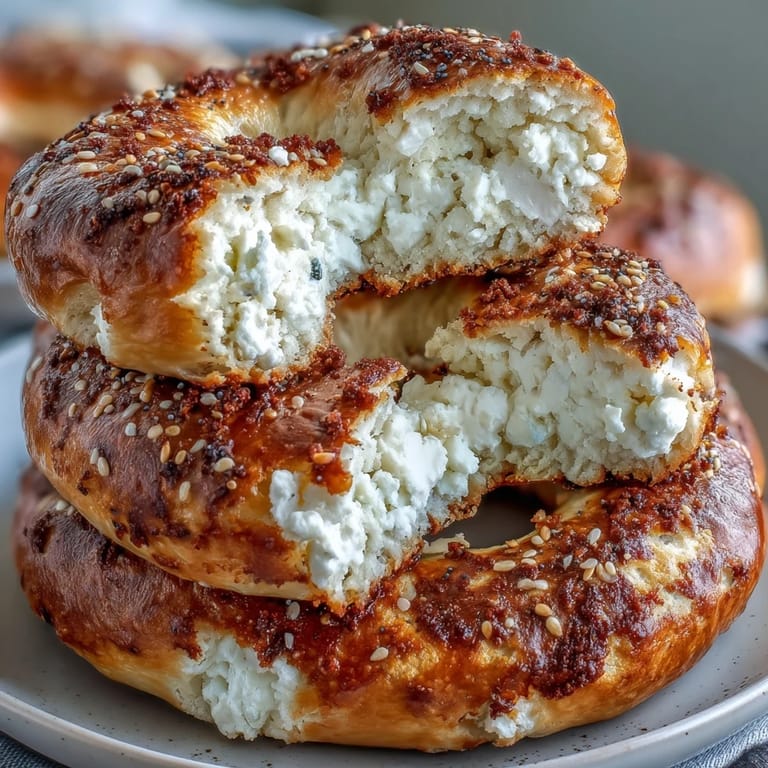 Quatre bagels protéinés faits maison, dorés et croustillants, servis avec du fromage à tartiner sur une planche en bois rustique.