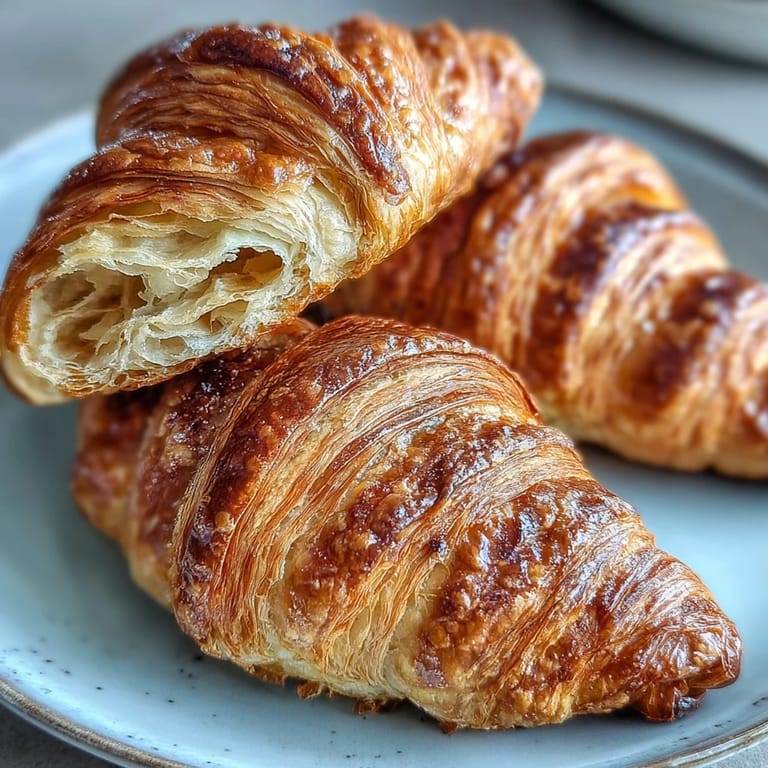 Croissants au levain maison, aux couches beurrées et à la saveur légèrement acidulée, parfaits pour le petit-déjeuner.  