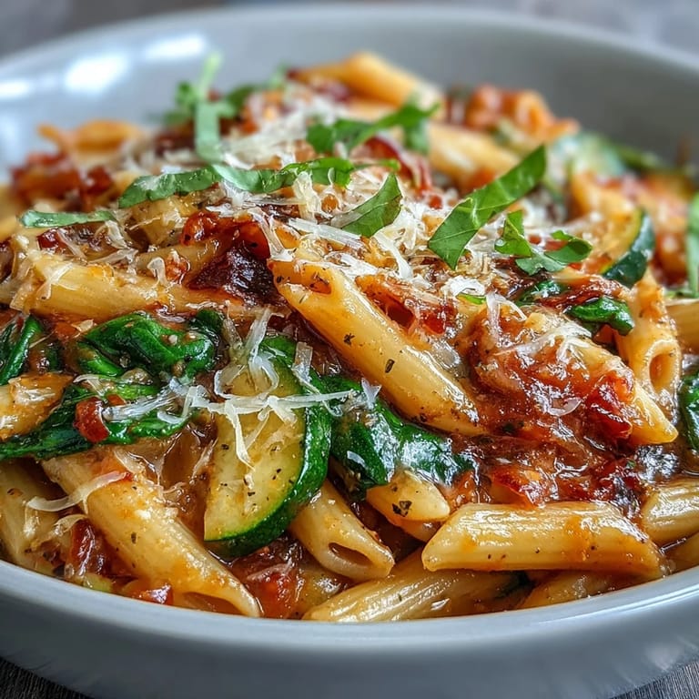 Pâtes à la poêle généreuses, garnies de courgettes, poivrons et épinards, idéales pour un repas rapide et économique.