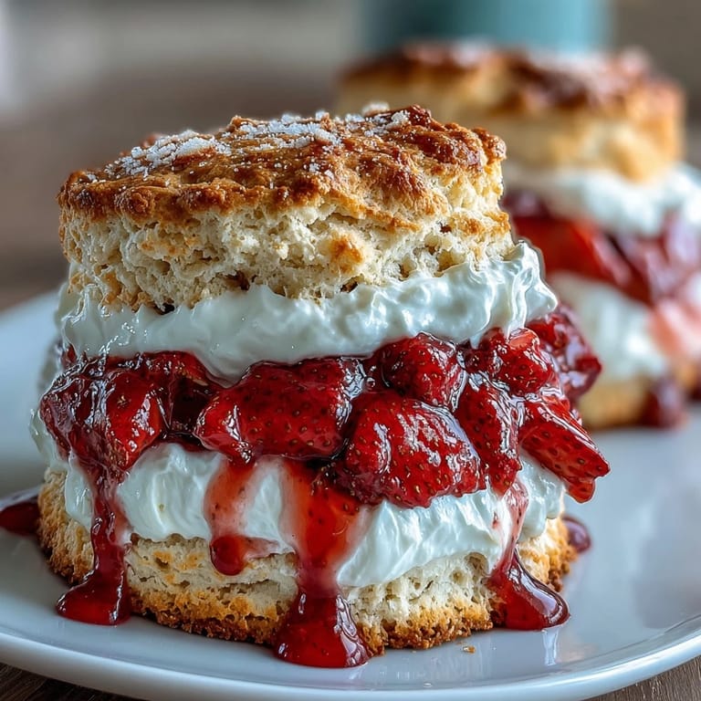 Shortcake classique à la fraise avec biscuits moelleux et fraises macérées juteuses.