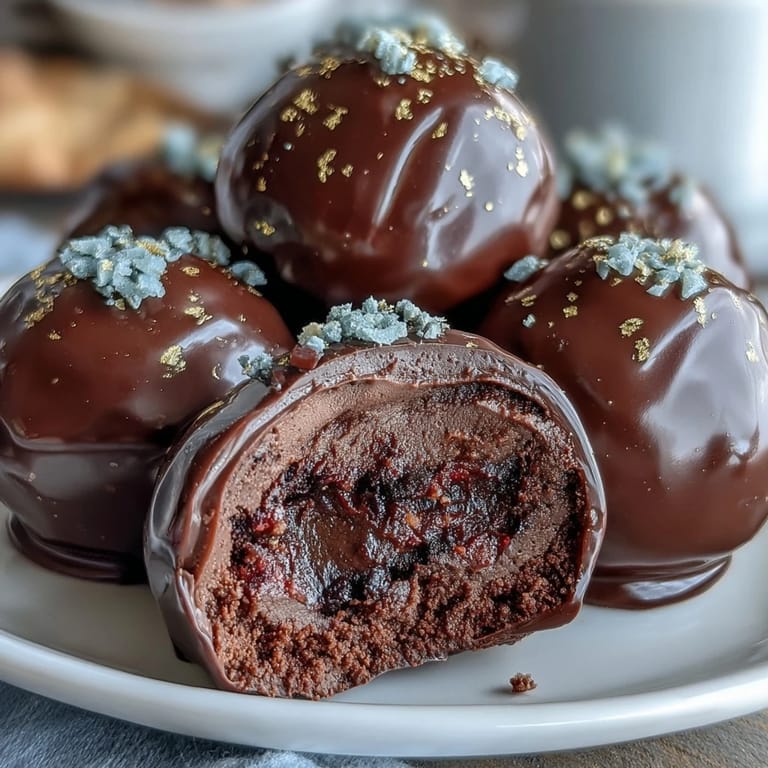Délicieuses truffes au chocolat noir infusées à la fraise, enrobées de chocolat brillant et parsemées de flocons d'or comestibles.