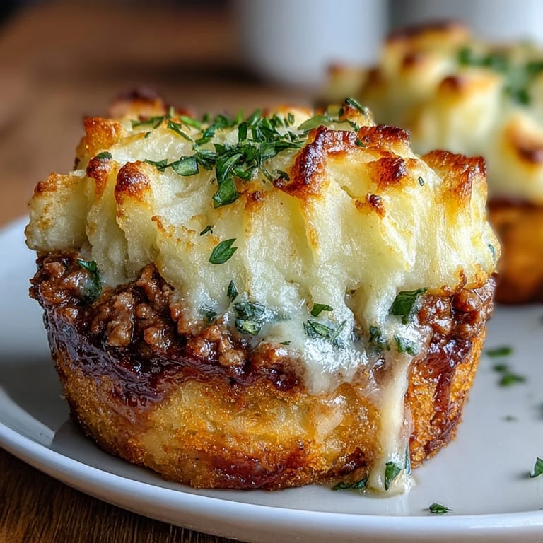 Pâtés chinois individuels avec viande hachée savoureuse et légumes, recouverts de purée de pommes de terre crémeuse et dorés au four.