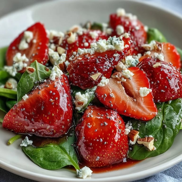 Vue rapprochée d'une salade de printemps aux épinards, fraises sucrées, oignon rouge et fromage feta, nappée d'une vinaigrette maison aux graines de pavot.
