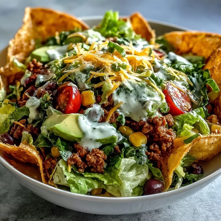 Bol de salade taco santé avec dinde assaisonnée, haricots noirs, maïs et sauce ranch crémeuse au yaourt grec, présenté dans un bol tortilla maison.