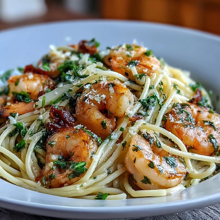 Crevettes sautées à l'ail servies sur des pâtes avec zeste de citron et parmesan.
