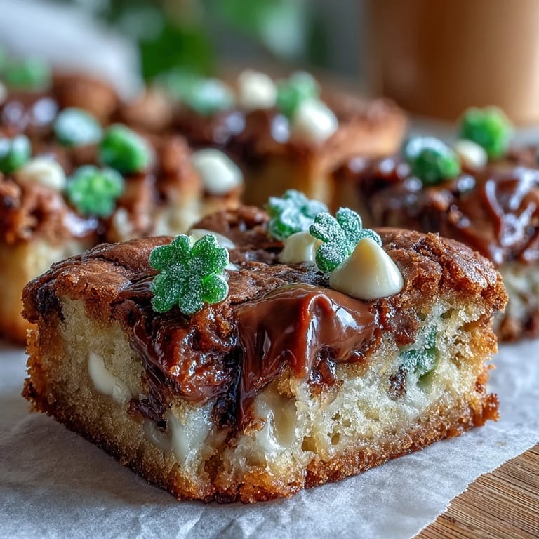 Carrés de biscuits dorés garnis de pépites de chocolat et de vermicelles verts, une recette festive pour la Saint-Patrick.