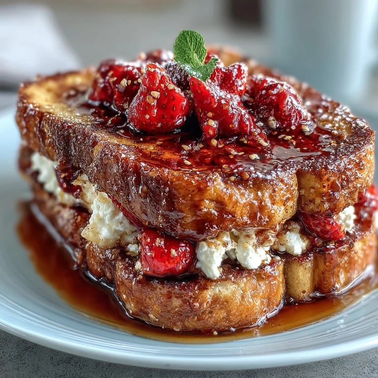 Casserole de pain doré printanier garnie de fraises sucrées et de crème onctueuse, servie chaude avec un saupoudrage de sucre.