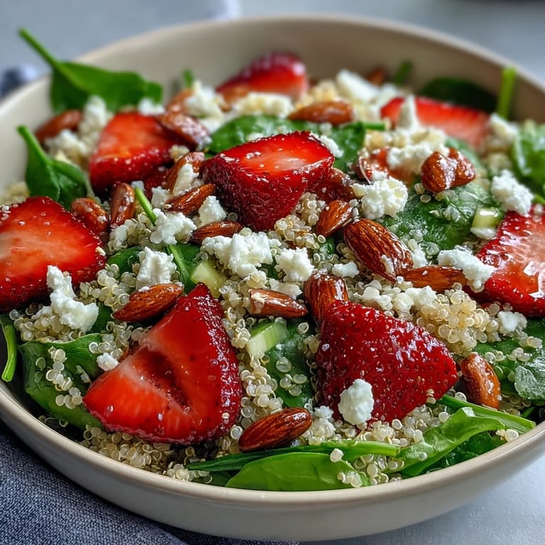 Bol de salade de quinoa aux fraises et feta, parfaite pour un repas léger et nutritif.