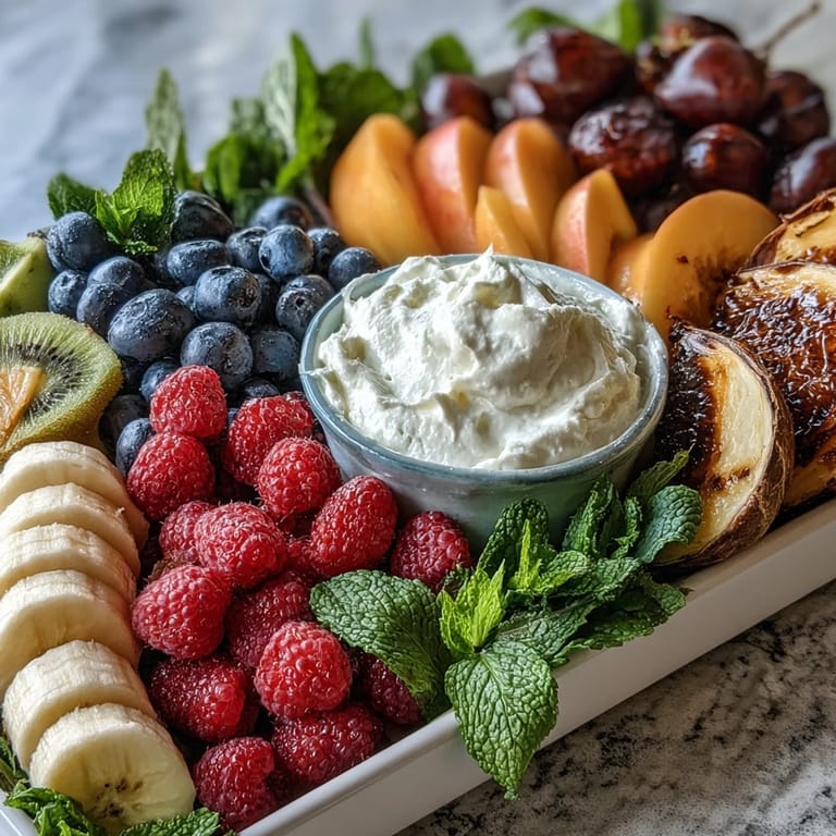 Dessert vegan et sans gluten : fruits frais disposés en arc-en-ciel avec crème à la noix de coco.