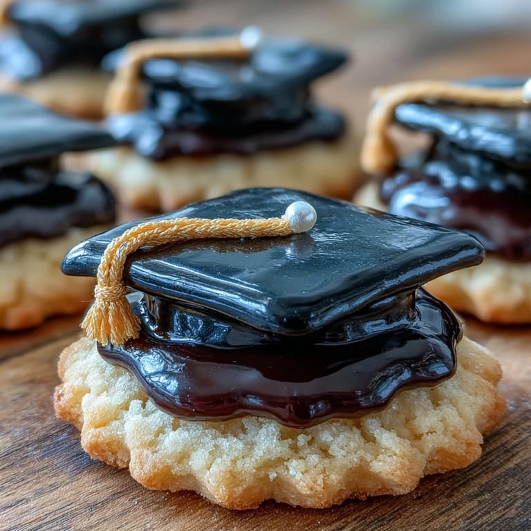 Groupe de cookies en forme de toque de graduation décorés de glaçage royal noir et de glands jaunes festifs.  