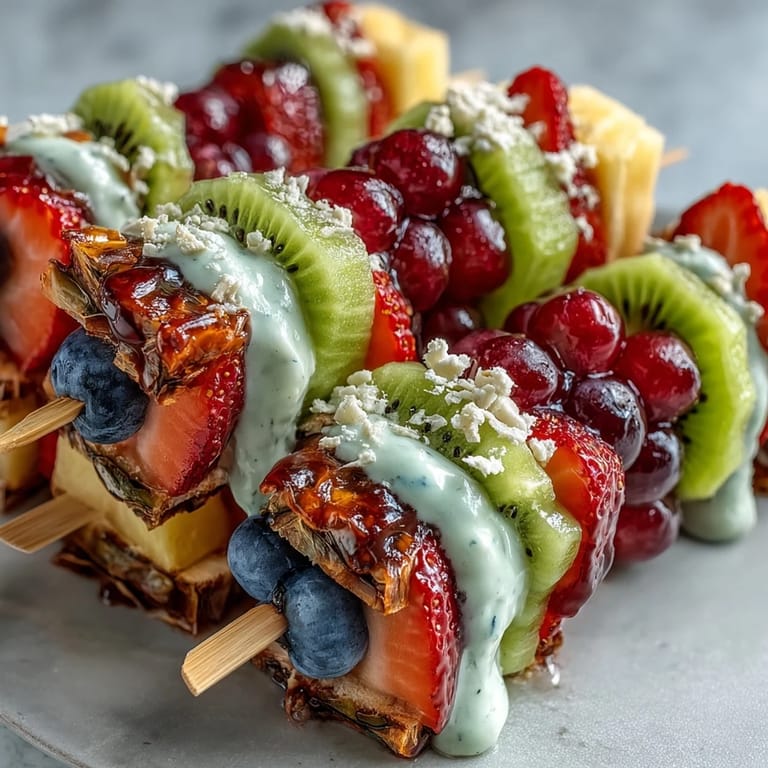 Délicieuses brochettes de fruits multicolores accompagnées d'une onctueuse trempette au miel et yaourt grec.