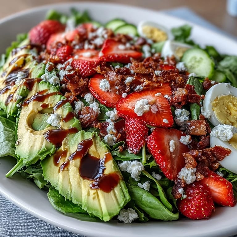 Salade Cobb printanière gourmande avec avocat, fraises, tomates cerises et feta, idéale pour un repas sain et rafraîchissant.