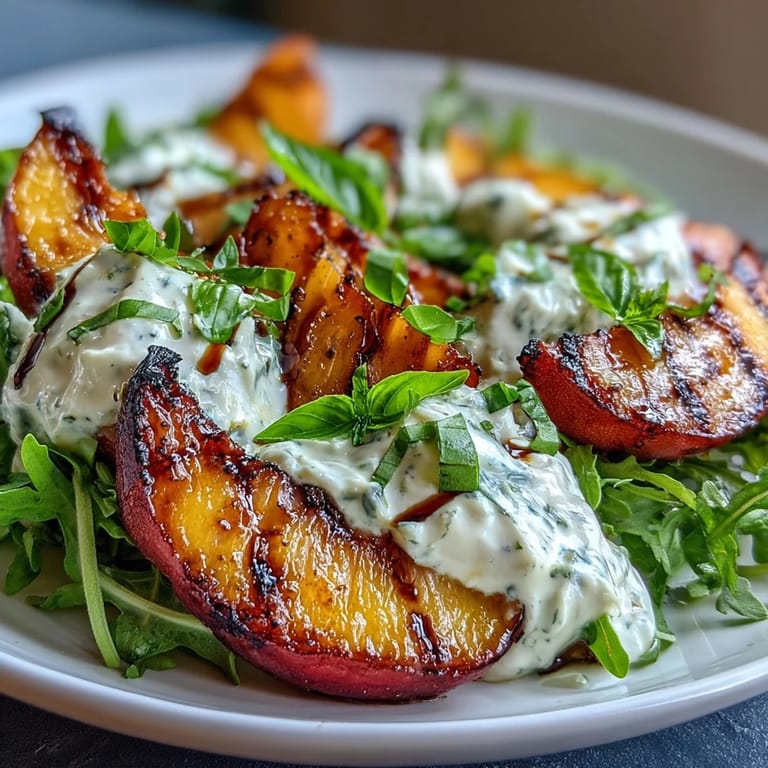 Salade d'été avec pêches grillées, burrata crémeux, roquette poivrée et glaçage balsamique.