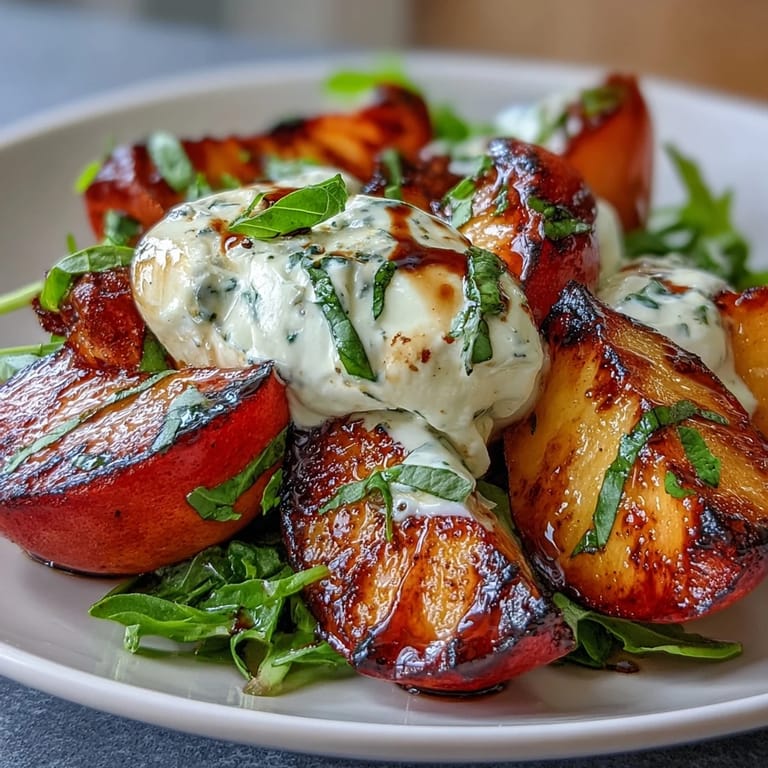 Salade de pêches grillées et burrata, roquette, tomates cerises et oignon rouge avec réduction balsamique.