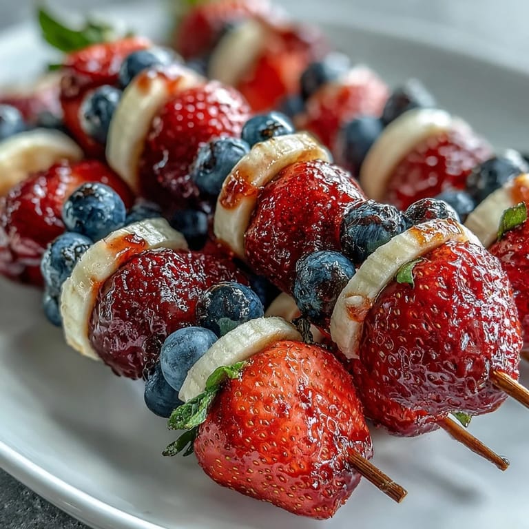 Brochettes patriotiques festives avec fraises, bananes et myrtilles, idéales pour célébrer le 4 juillet.