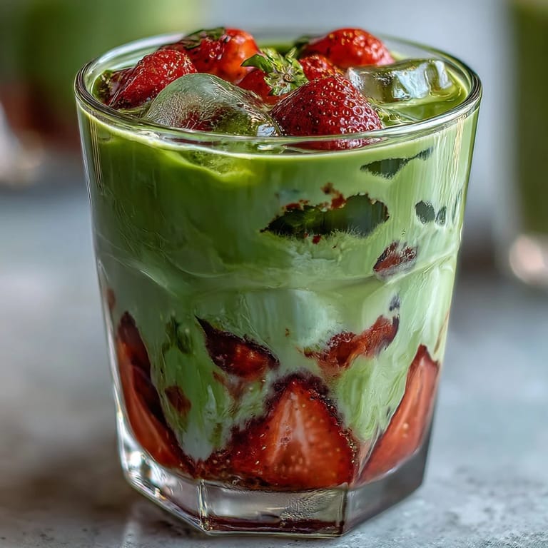 Refreshing Strawberry Matcha Latte with Oat Milk, featuring a beautiful gradient of red strawberry, creamy oat milk, and earthy green matcha, served chilled with ice.
