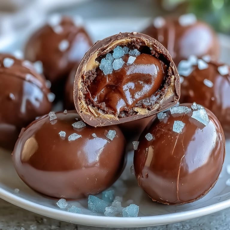 Œufs de Pâques au chocolat noir et beurre de cacahuète, enrobés d'une couche lisse et saupoudrés de fleur de sel croquante.