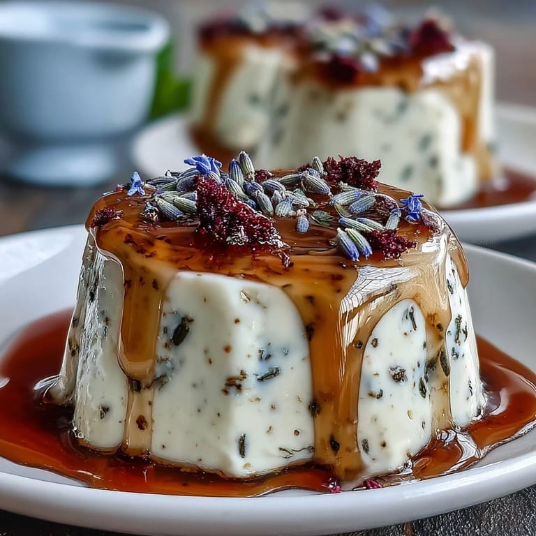Dessert italien au miel et lavande, panna cotta soyeuse parfumée à la lavande et sucrée au miel, idéale pour un moment gourmand.