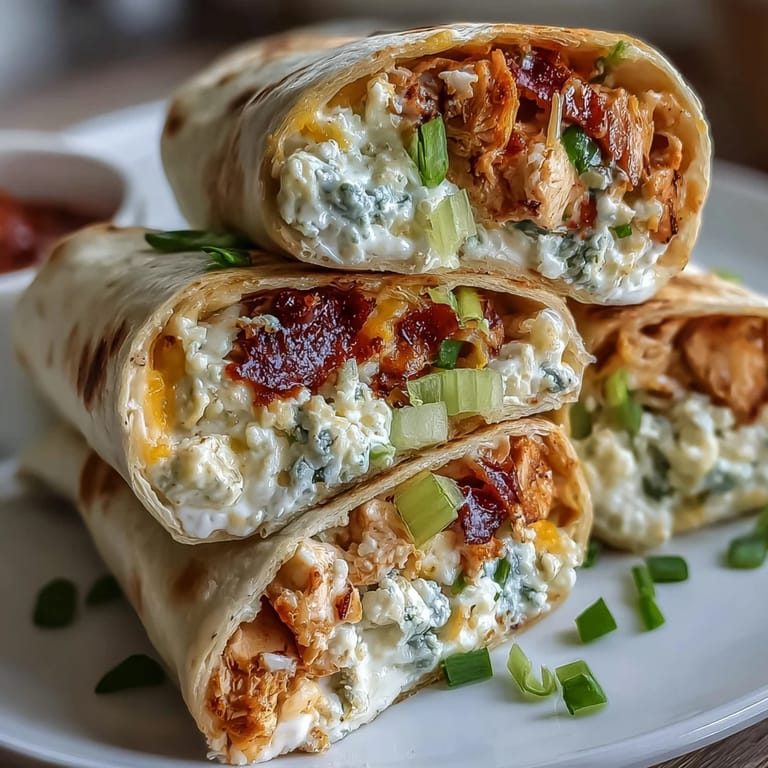 1. Savoureux rouleaux wraps au poulet Buffalo et fromage à la crème, parfaits pour les fêtes et les matchs de foot.